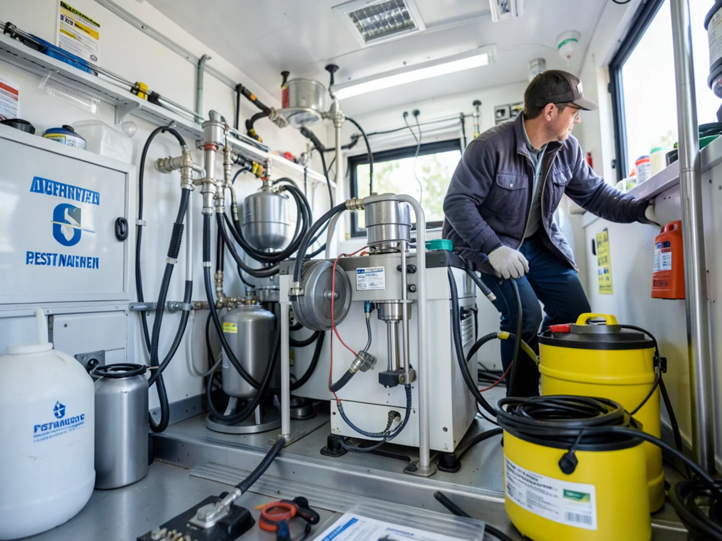 Neatly stocked interior of service vehicle with commercial sprayers and safety gear