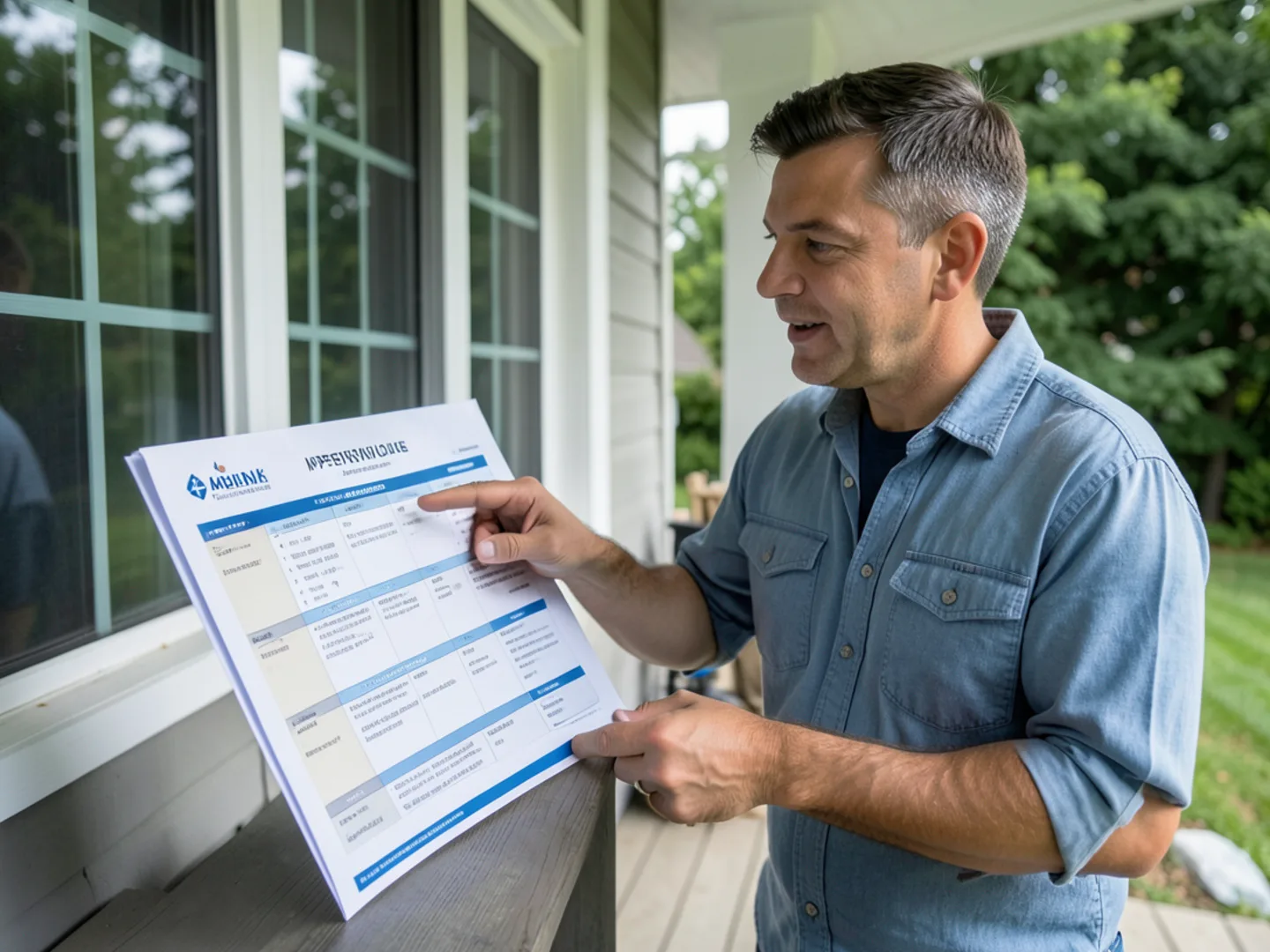 Technician reviewing customized treatment plan with homeowner on front porch