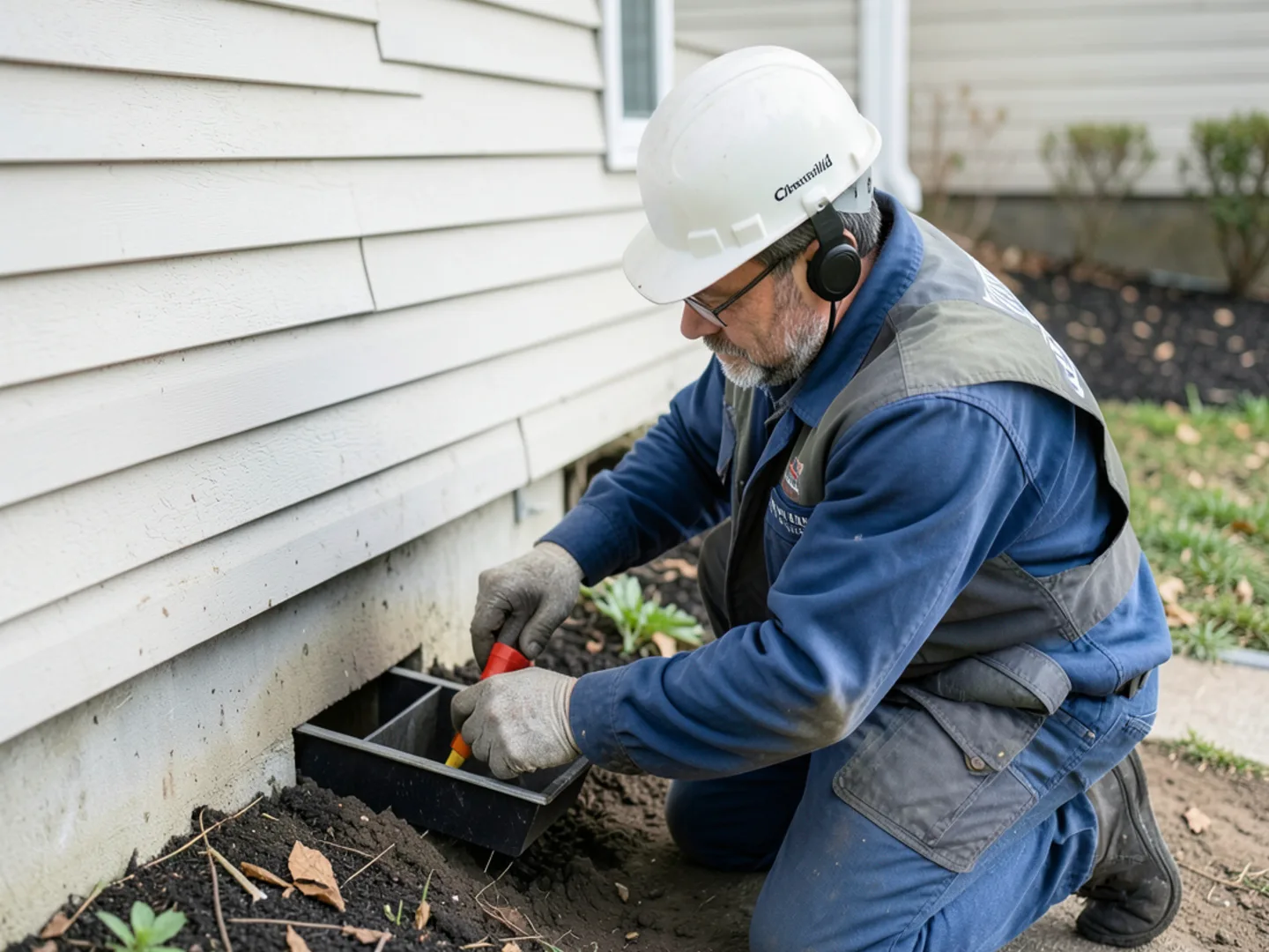 Technician in protective coveralls preparing to inspect crawl space access hatch