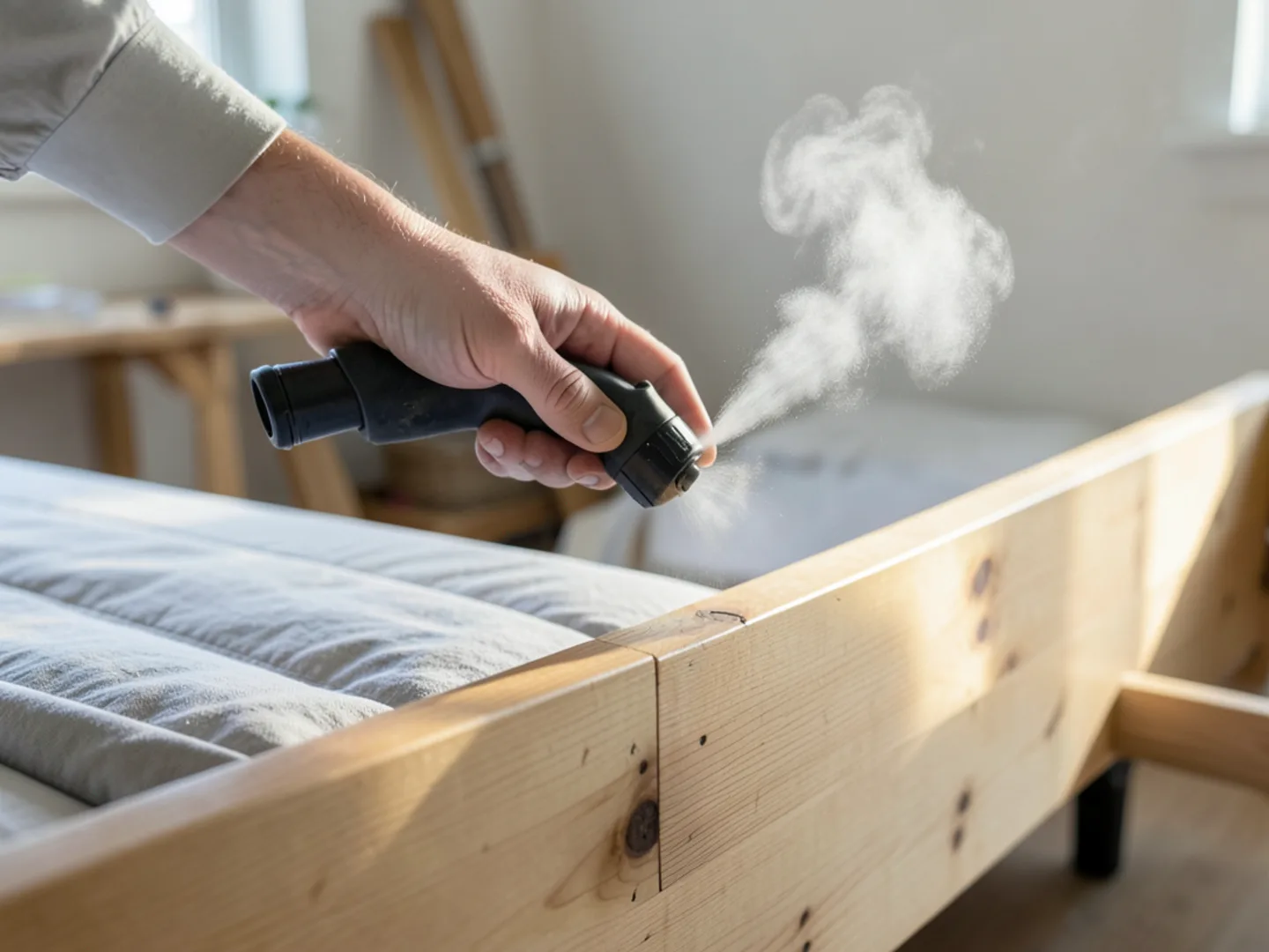 Applying commercial dry steam to wooden bed frame joints to eradicate eggs