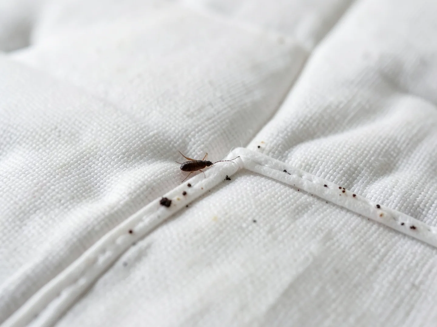 Close-up of mattress seam piping showing bed bug signs and fecal spotting