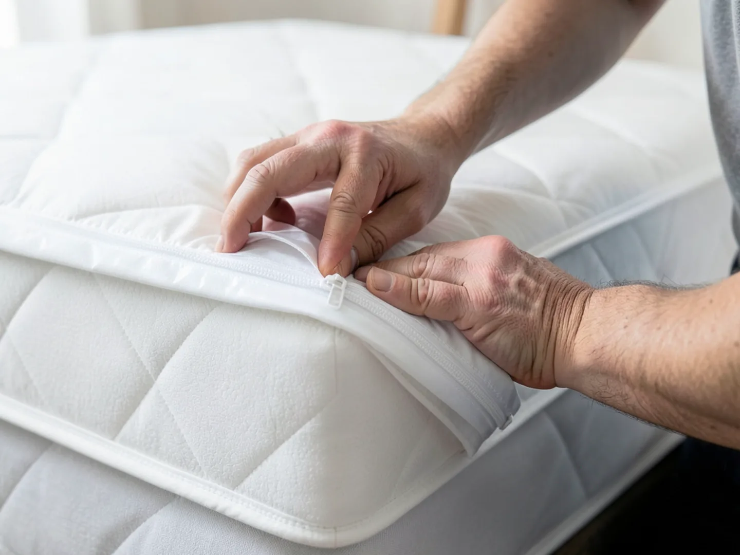Fitting laboratory-certified zippered encasement over mattress corner