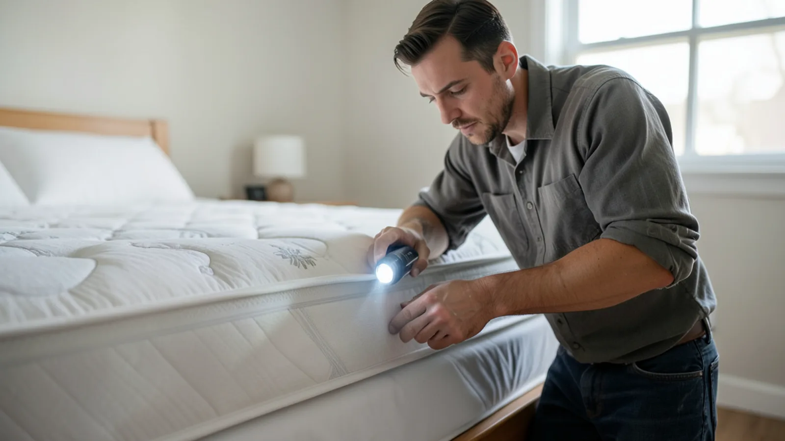 Flashlight audit of clean bedroom mattress seam for bed bugs in Richmond