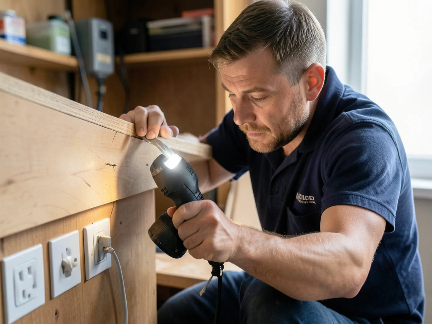 Technician inspecting bedroom furniture crevices and electrical outlet voids