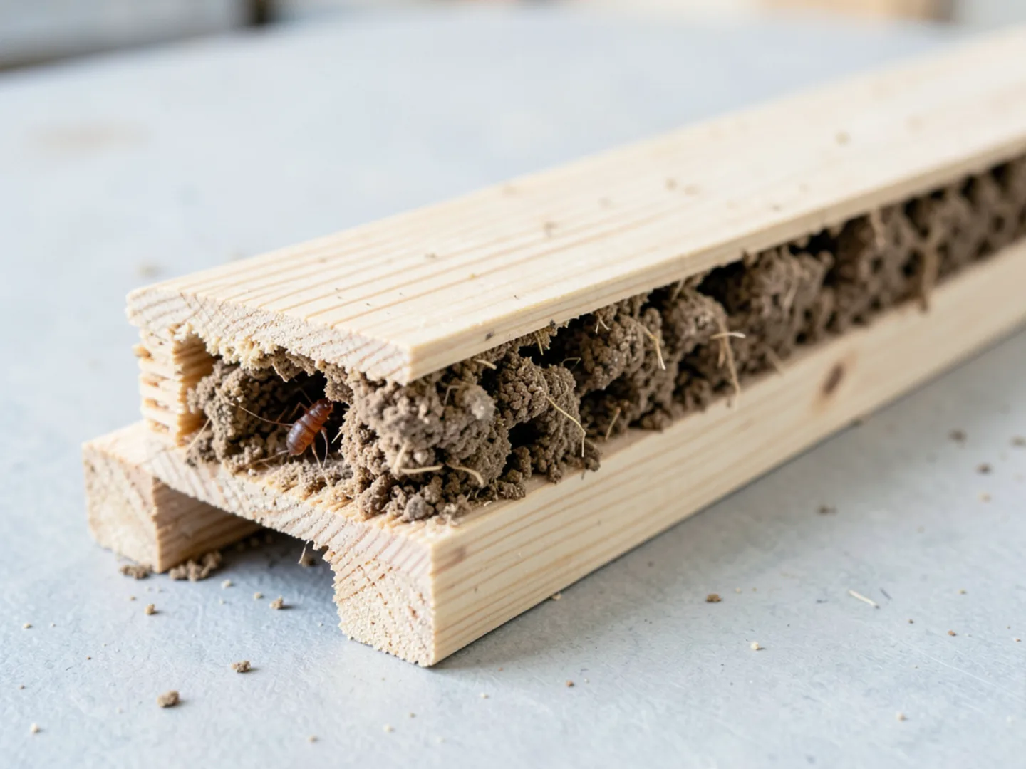 Cross-section of hollowed wood band board damaged by subterranean termites