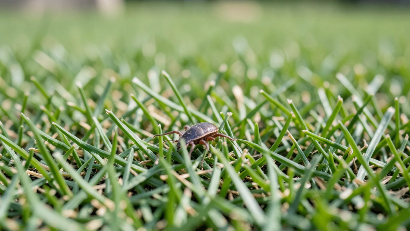 Macro detail of female lone star tick on green lawn blade in Virginia