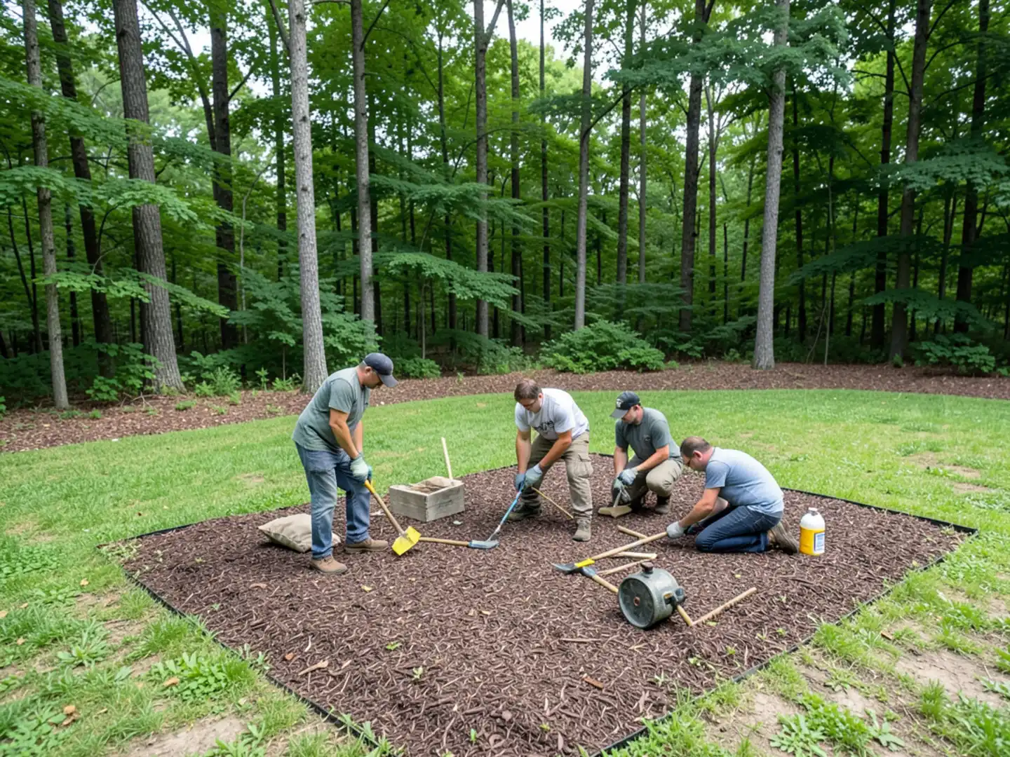 Woodland transition buffer separating lawn from dense Virginia forest