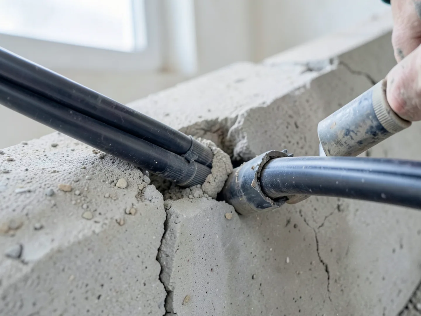 Unsealed utility gap entering foundation wall allowing mouse intrusion