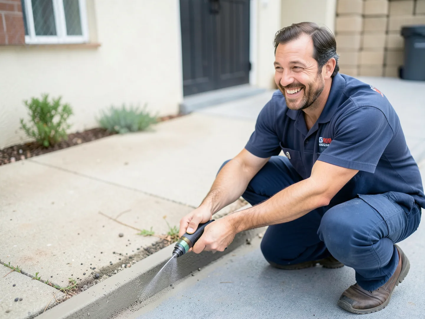 Technician spraying foundation while homeowner confirms quarterly plan schedule