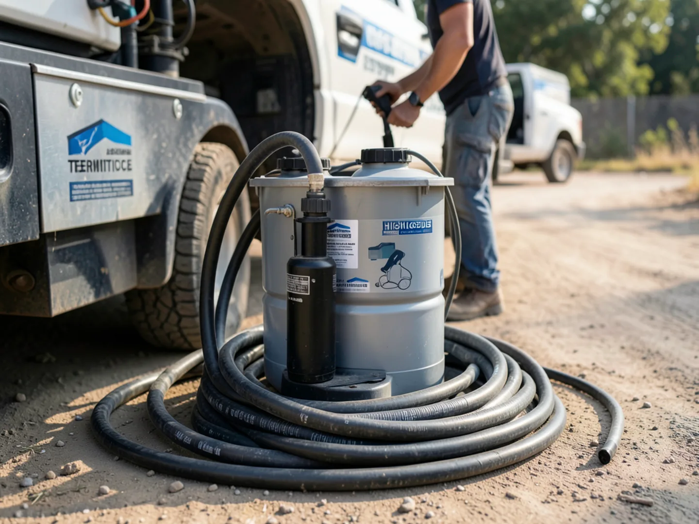 Termiticide injection equipment and precision pumps on service vehicle