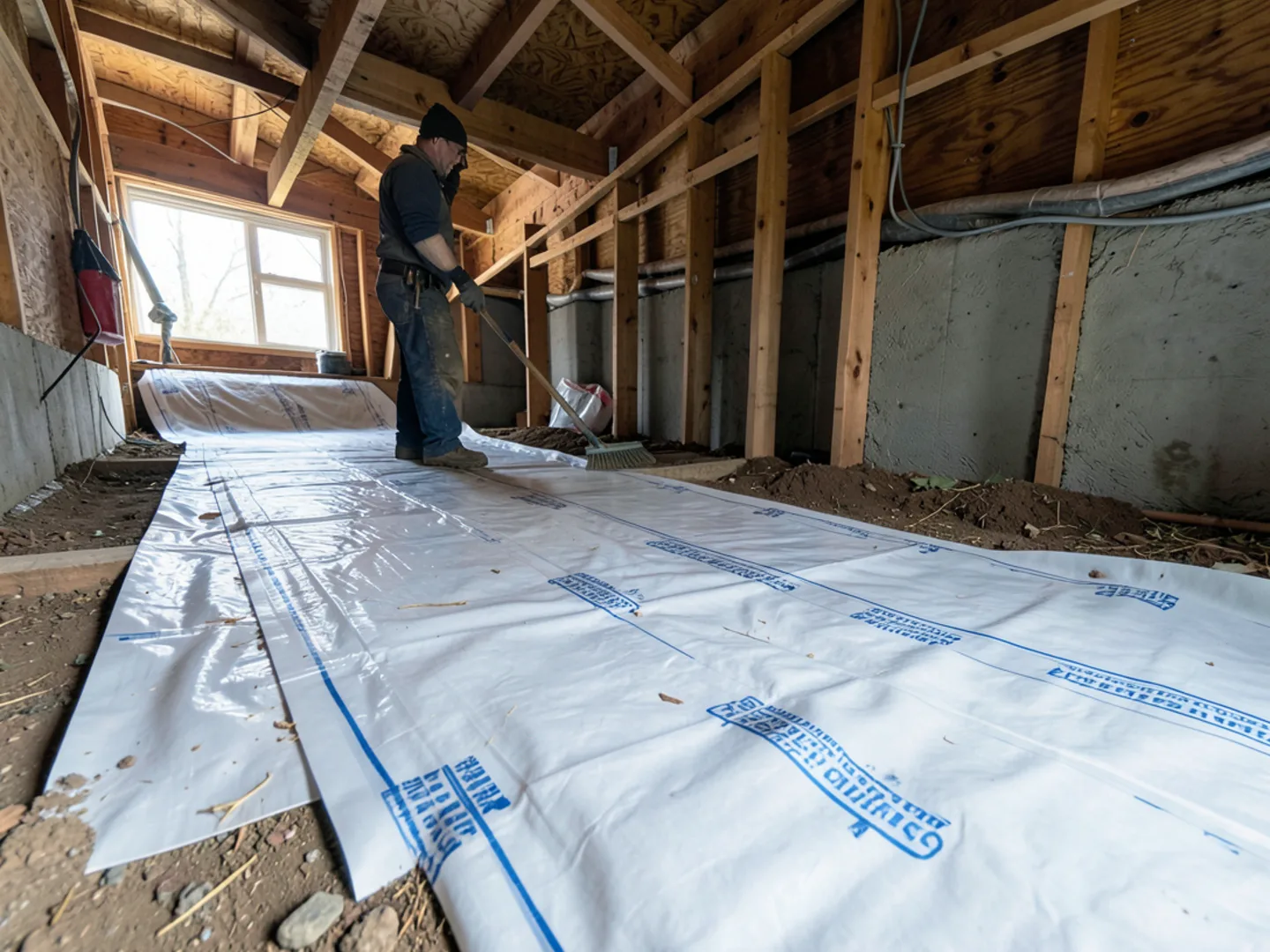 Clean residential crawl space with dry timbers and heavy polyethylene vapor barrier