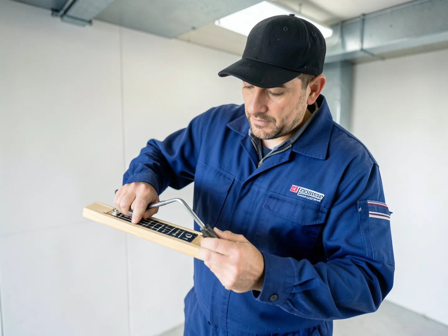 Inspector in clean crawl space sounding structural band board for damage