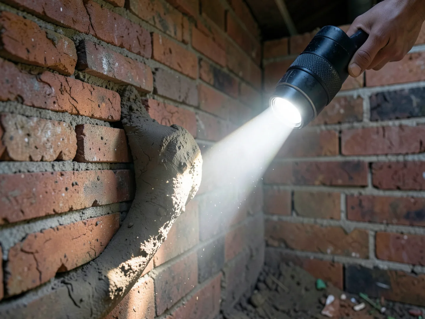 Mud shelter tubes climbing brick crawl space wall beneath home