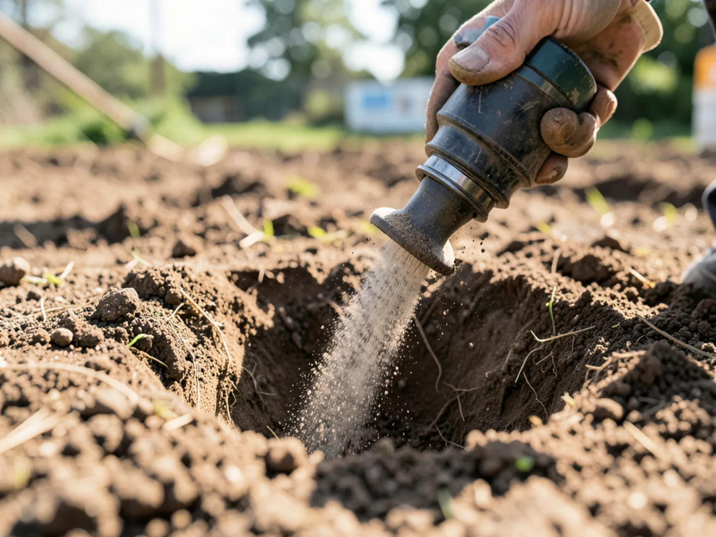 Injecting specialized insecticidal dust directly into underground nest burrow