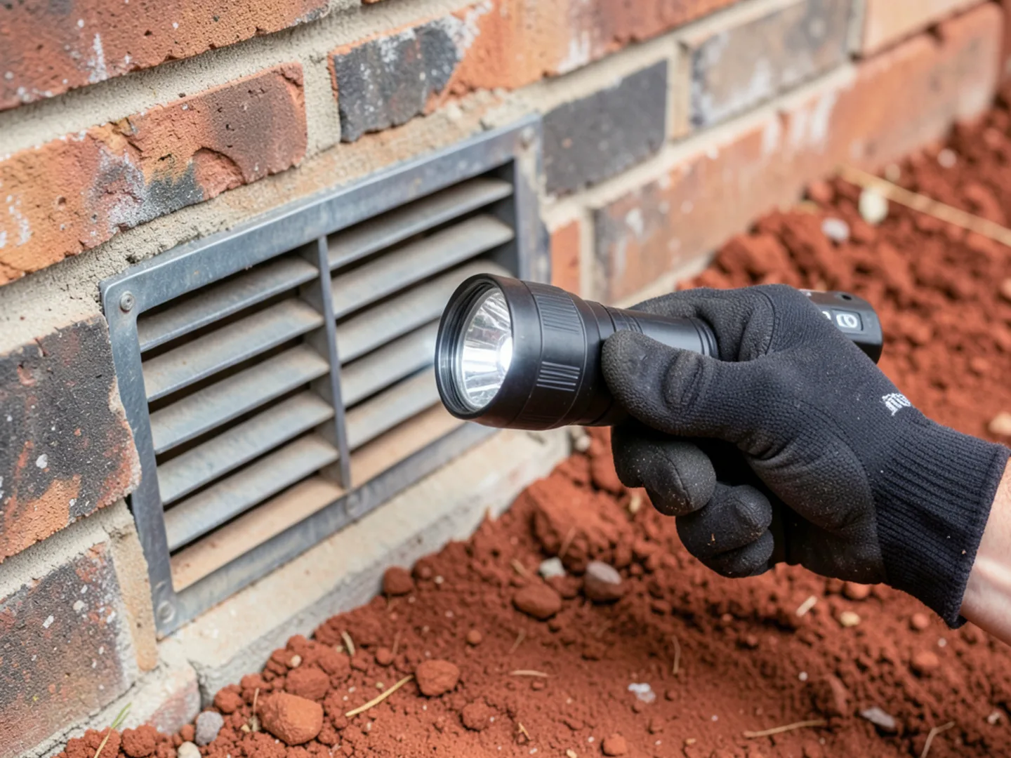 Technician inspecting crawl space foundation vent on a Chesterfield County brick home