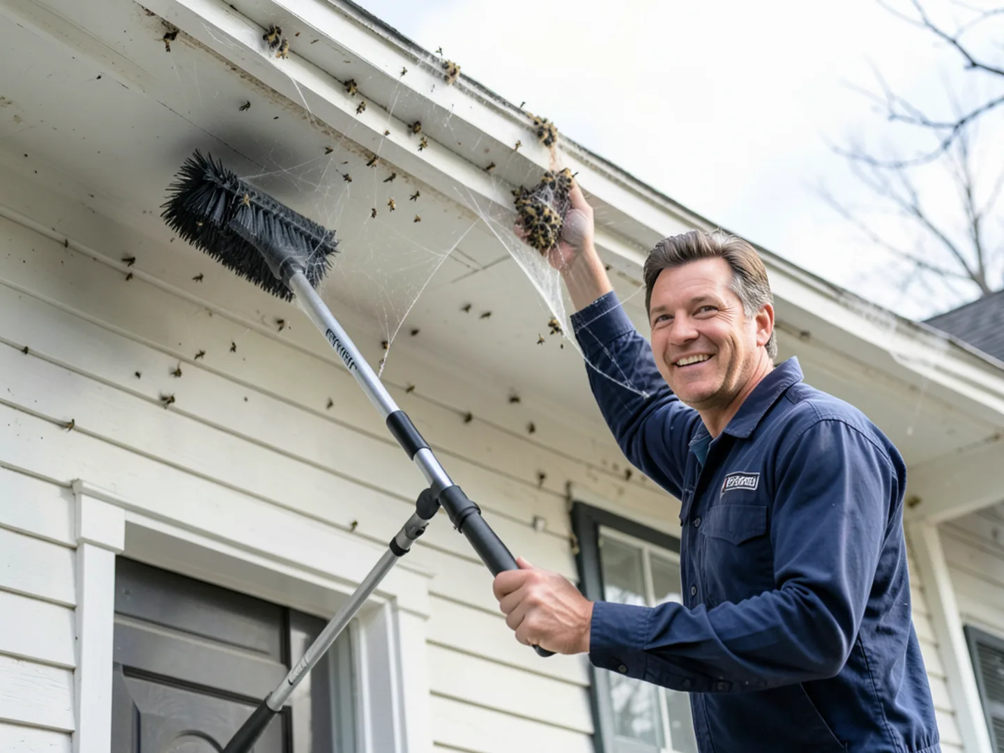 Telescopic duster pole sweeping spider webs from colonial roof eaves