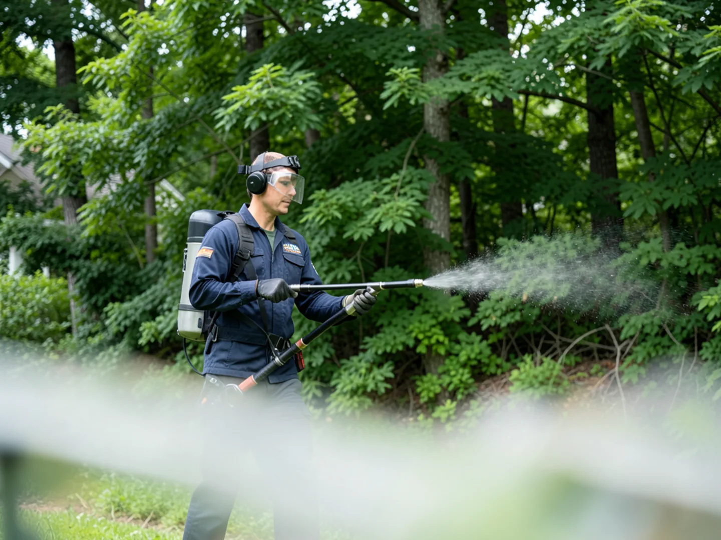 Backpack misting for mosquito and tick control along wooded lot boundary