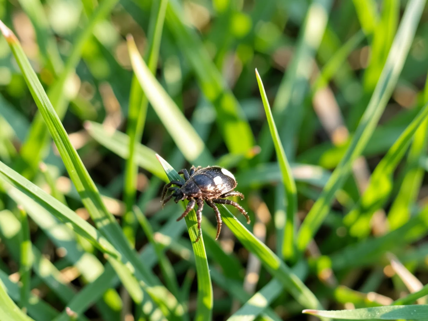 Lone star tick questing on blade of grass in Chesterfield County yard
