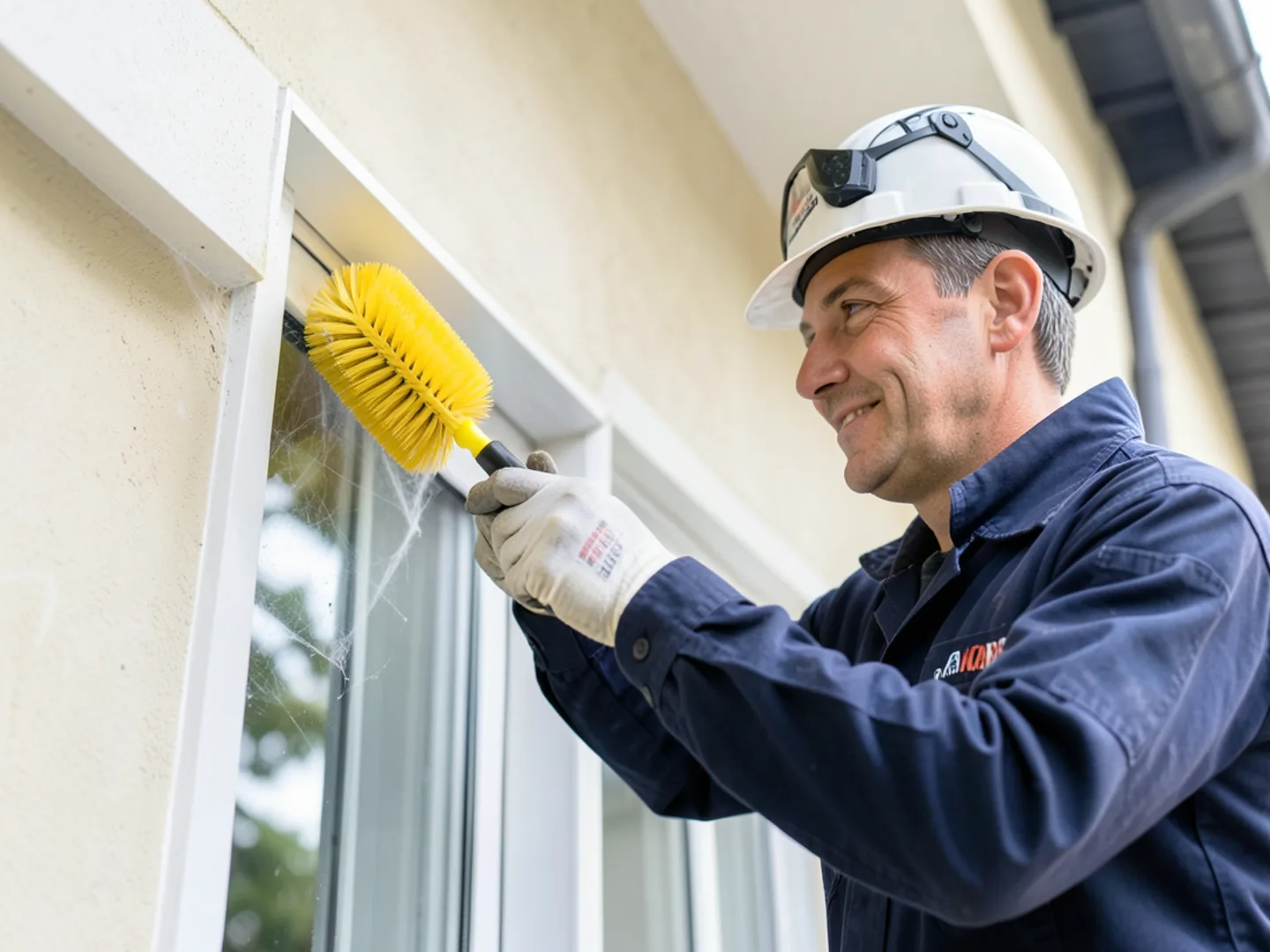 Sweeping exterior spider webs from Midlothian home roofline