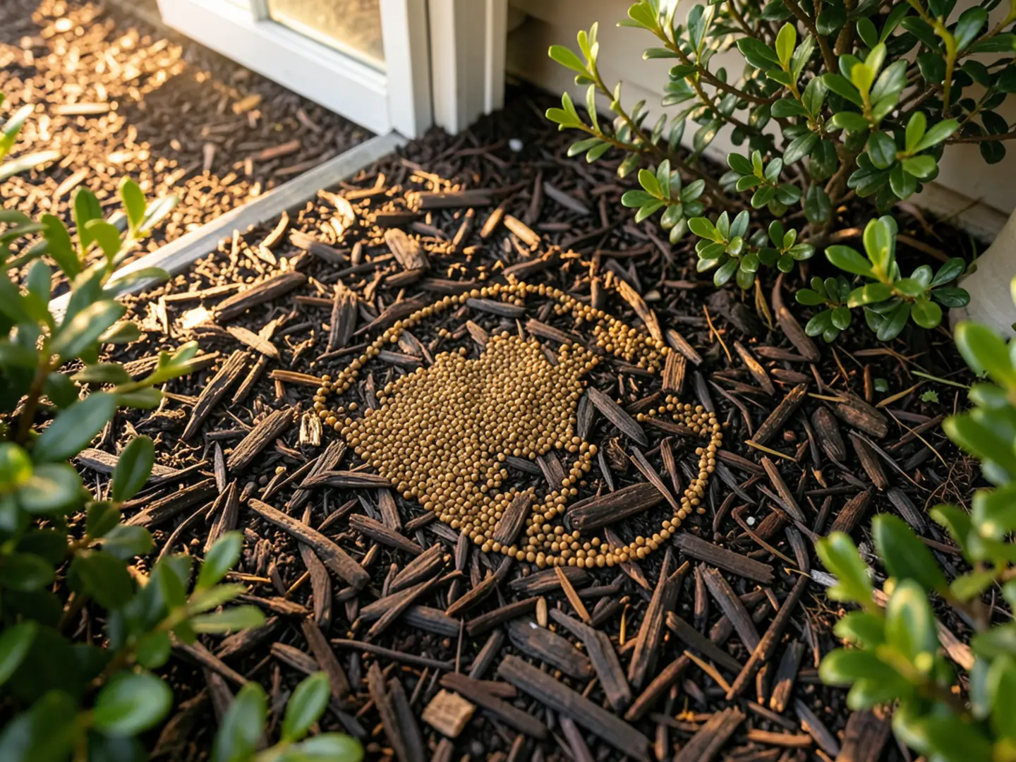Granular insect barrier applied to landscaping beds around home perimeter