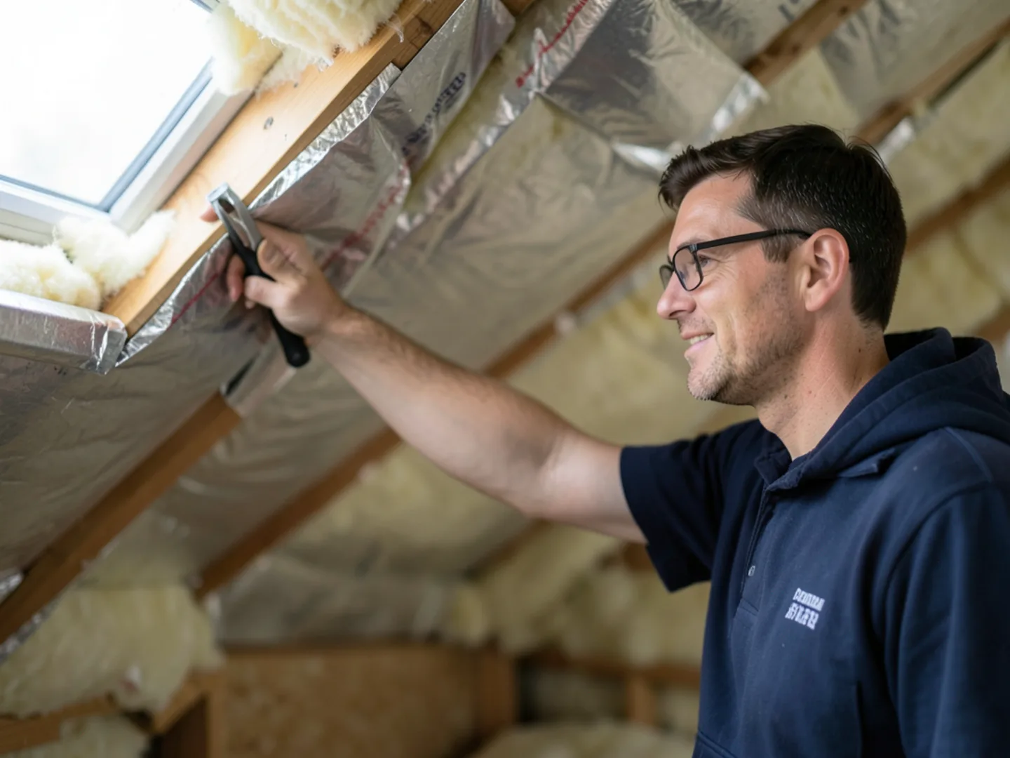 Technician auditing crawl space vapor barrier and clean insulation