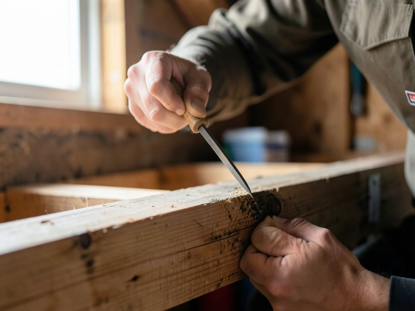 Sounding crawl space wooden floor joists for internal termite excavation damage