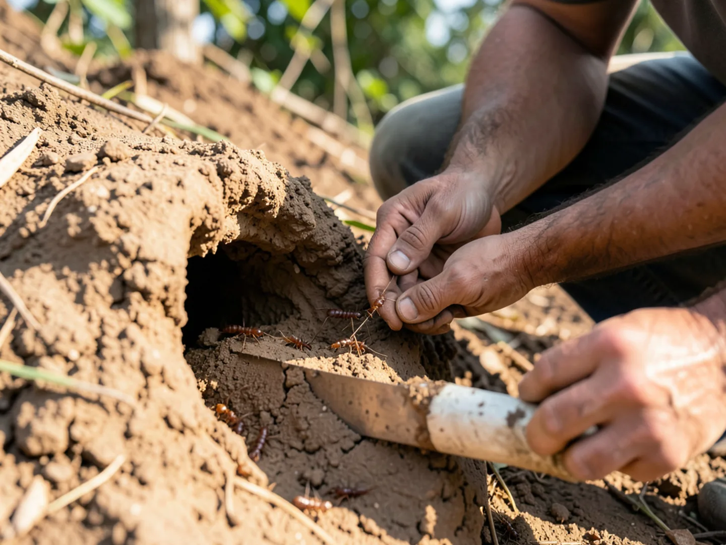 Technician examining active termite mud shelter tube on brick foundation pier