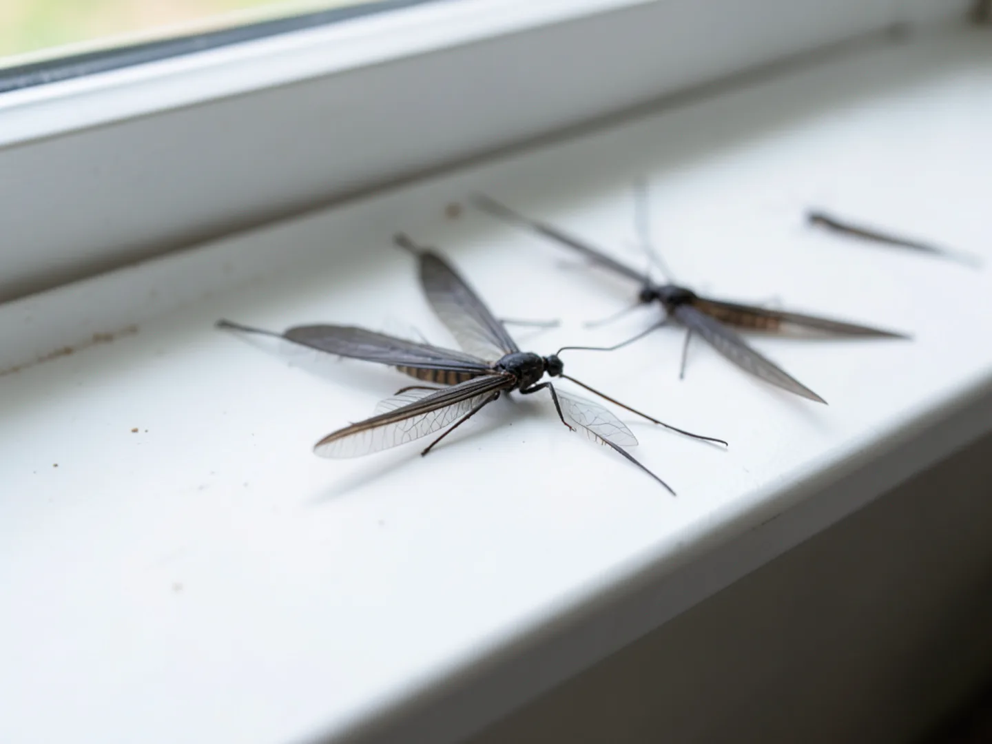 Subterranean termite swarmers and shed wings on interior window sill