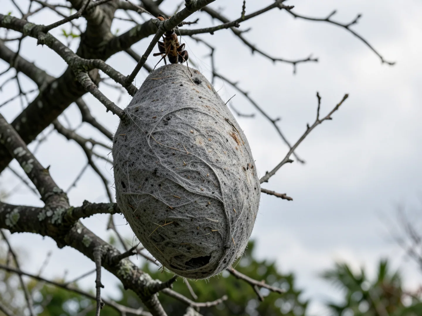 Football-shaped baldfaced hornet paper nest suspended in hardwood tree branches