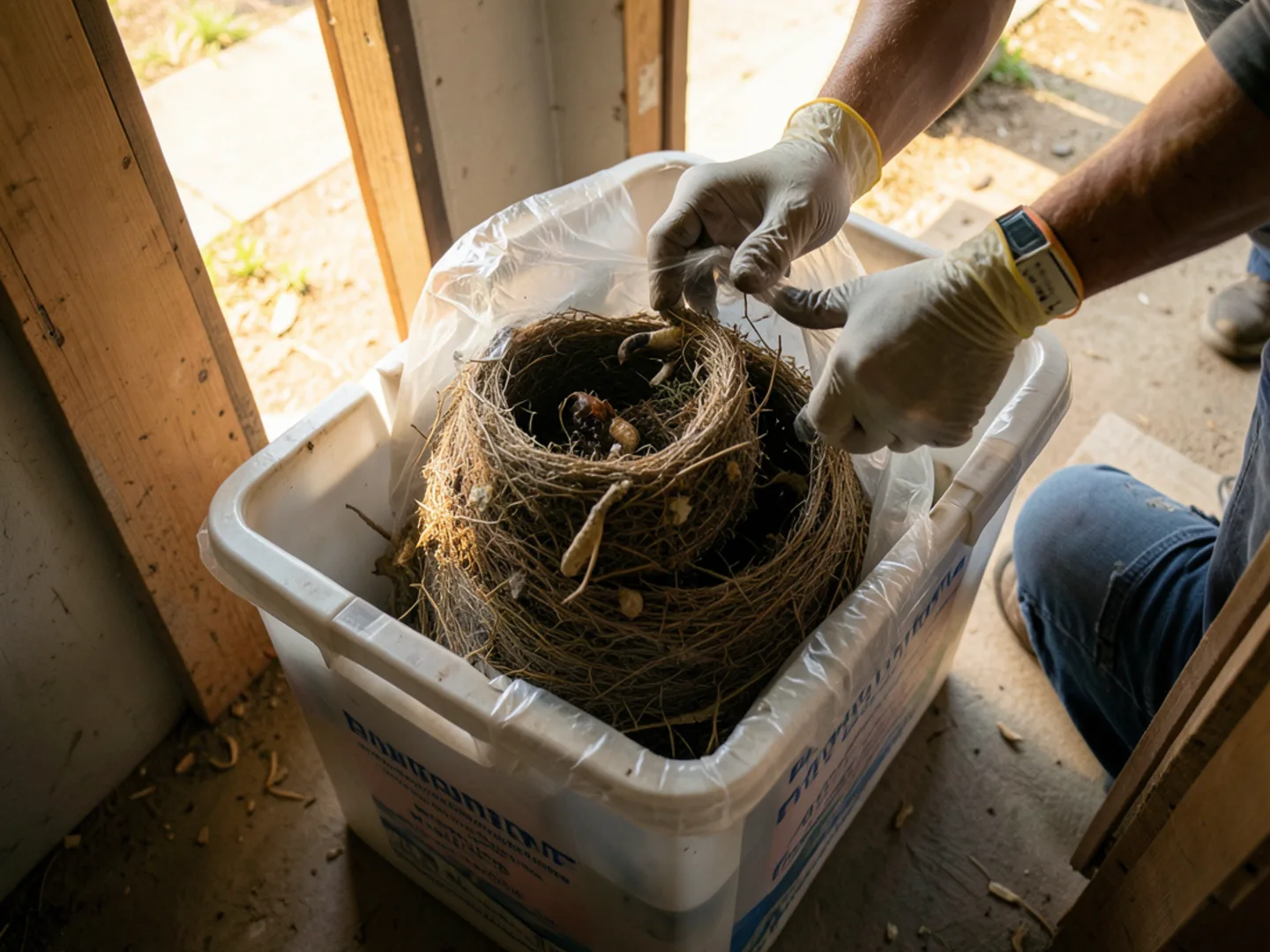 Safely bagging deactivated stinging insect nest for proper disposal