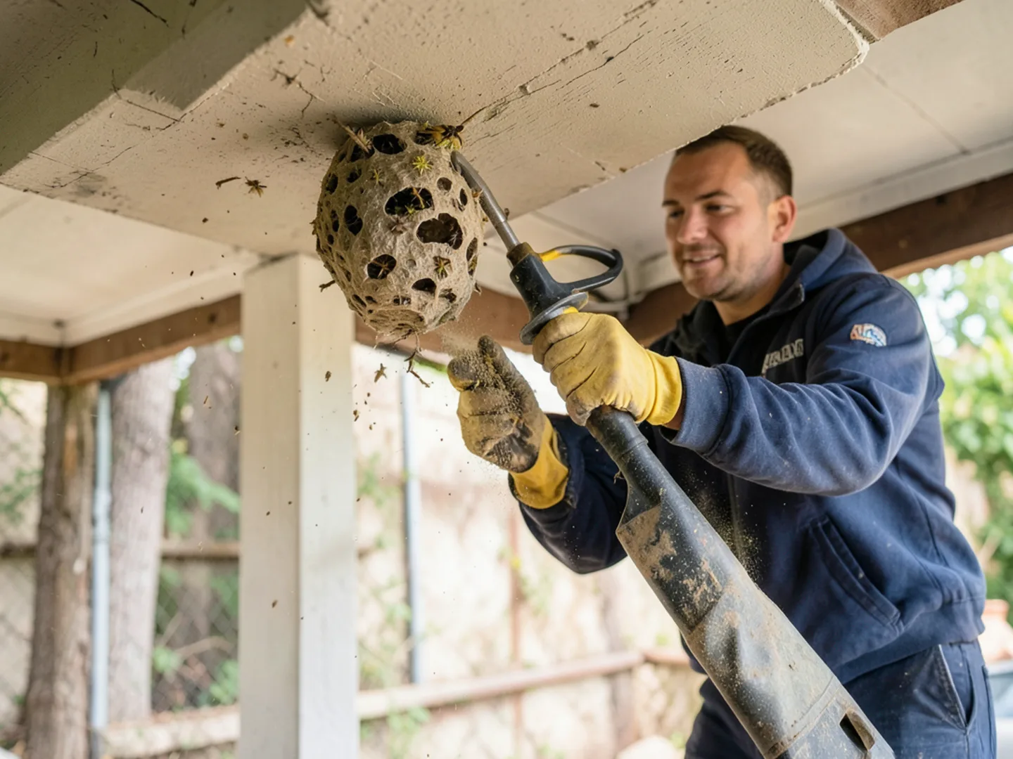Extension applicator injecting insecticidal dust into eave wasp nest